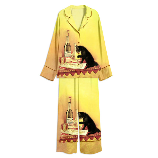 Absinthe Bourgeois Black Cat Wine Art Unisex Long Sleeve Satin Pajama Set