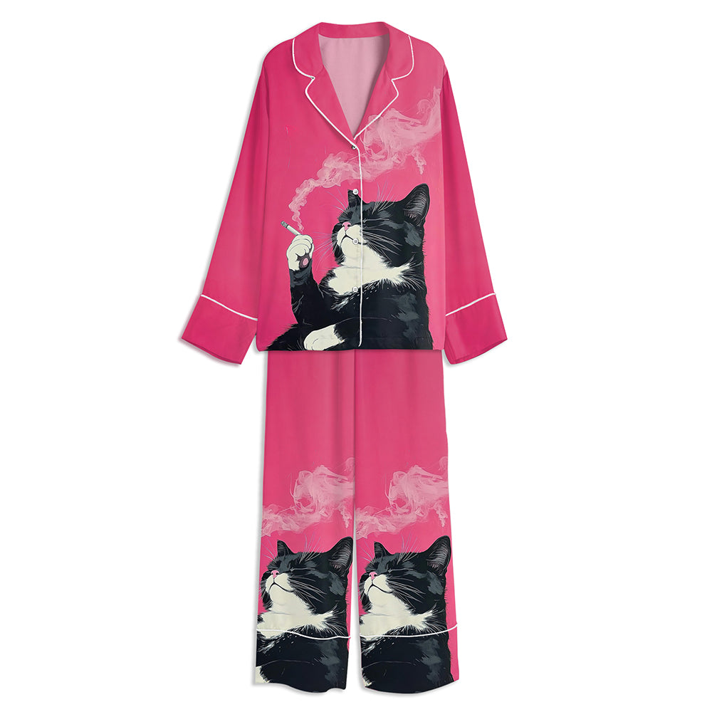 Relaxed Cat Smoking A Cigarette Unisex Long Sleeve Satin Pajama Set
