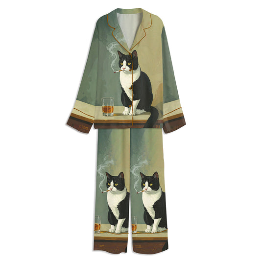 Moody Tuxedo Cat Smoking And Drinking Whiskey Unisex Long Sleeve Satin Pajama Set