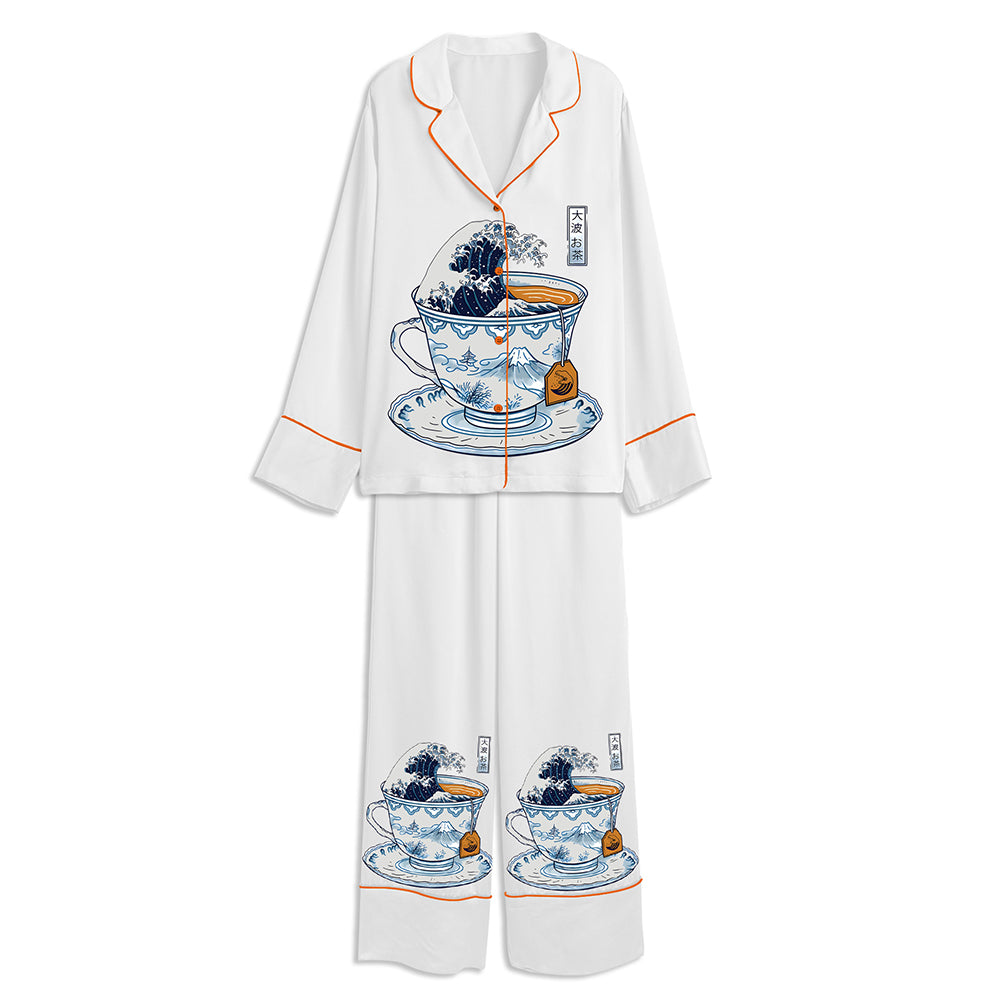 Vintage Effect Great Wave Off Kanagawa Storm In A Teacup Japanese Hokusai Unisex Long Sleeve Satin Pajama Set