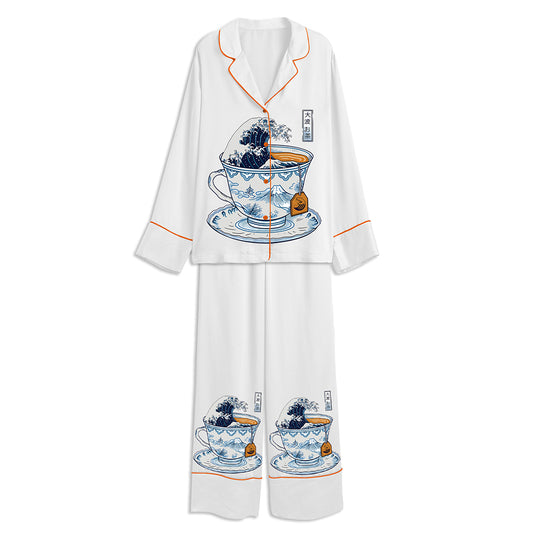 Vintage Effect Great Wave Off Kanagawa Storm In A Teacup Japanese Hokusai Unisex Long Sleeve Satin Pajama Set