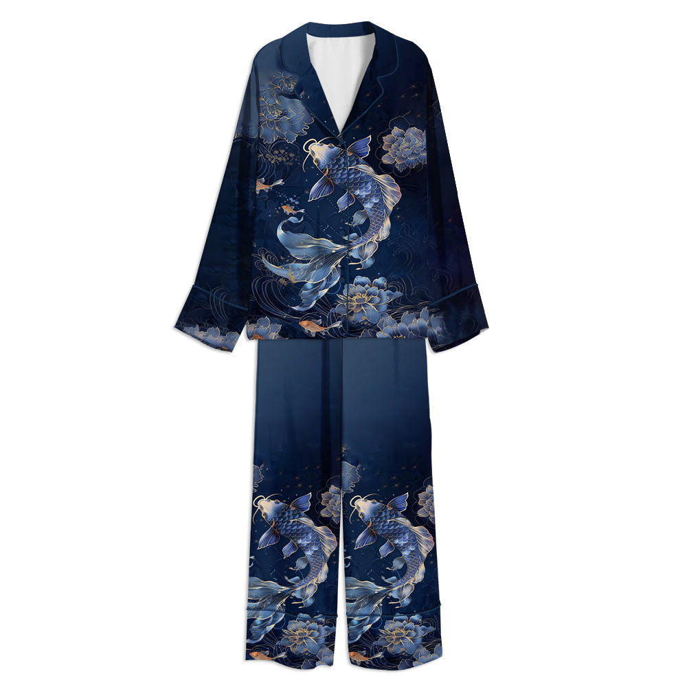 Tokyo-mood Blue Koi Fish And Floral Art Unisex Long Sleeve Silky Satin Pajama Set