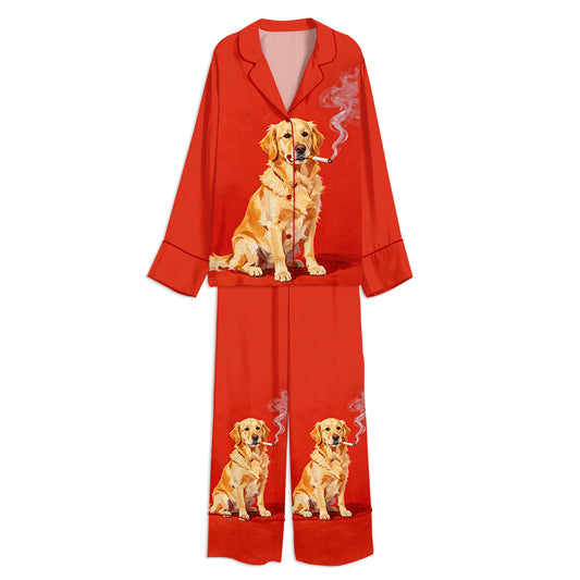 Tokyo-mood Funny Smoking Golden Retriever Dog Lovers Unisex Long Sleeve Silky Satin Pajama Set