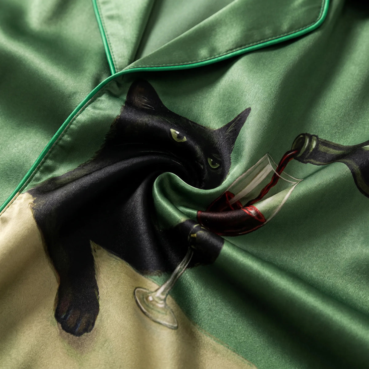 Black Cat With Wine Glass Unisex Long Sleeve Satin Pajama Set