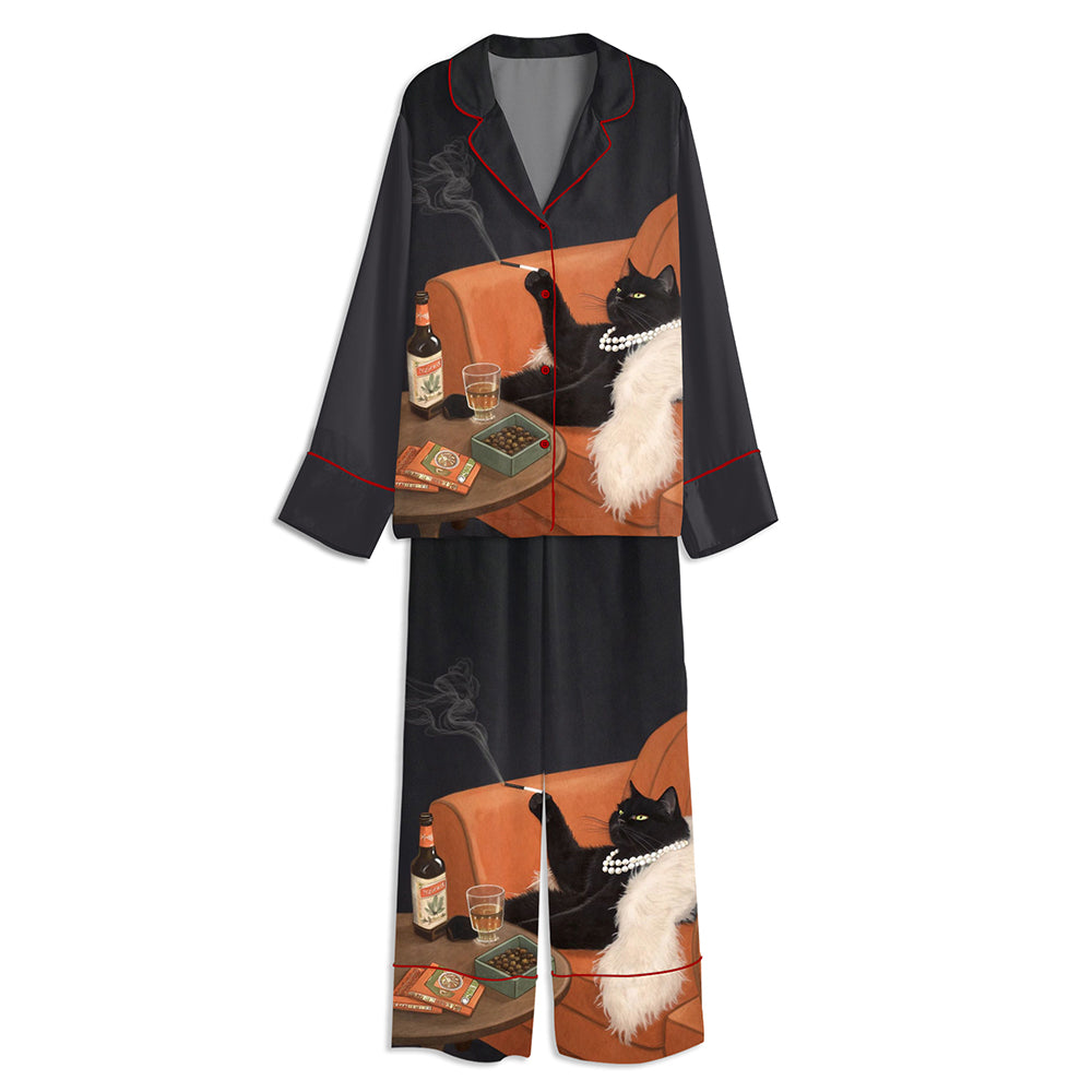 Black Cat Smoking With Pearls Unisex Long Sleeve Satin Pajama Set